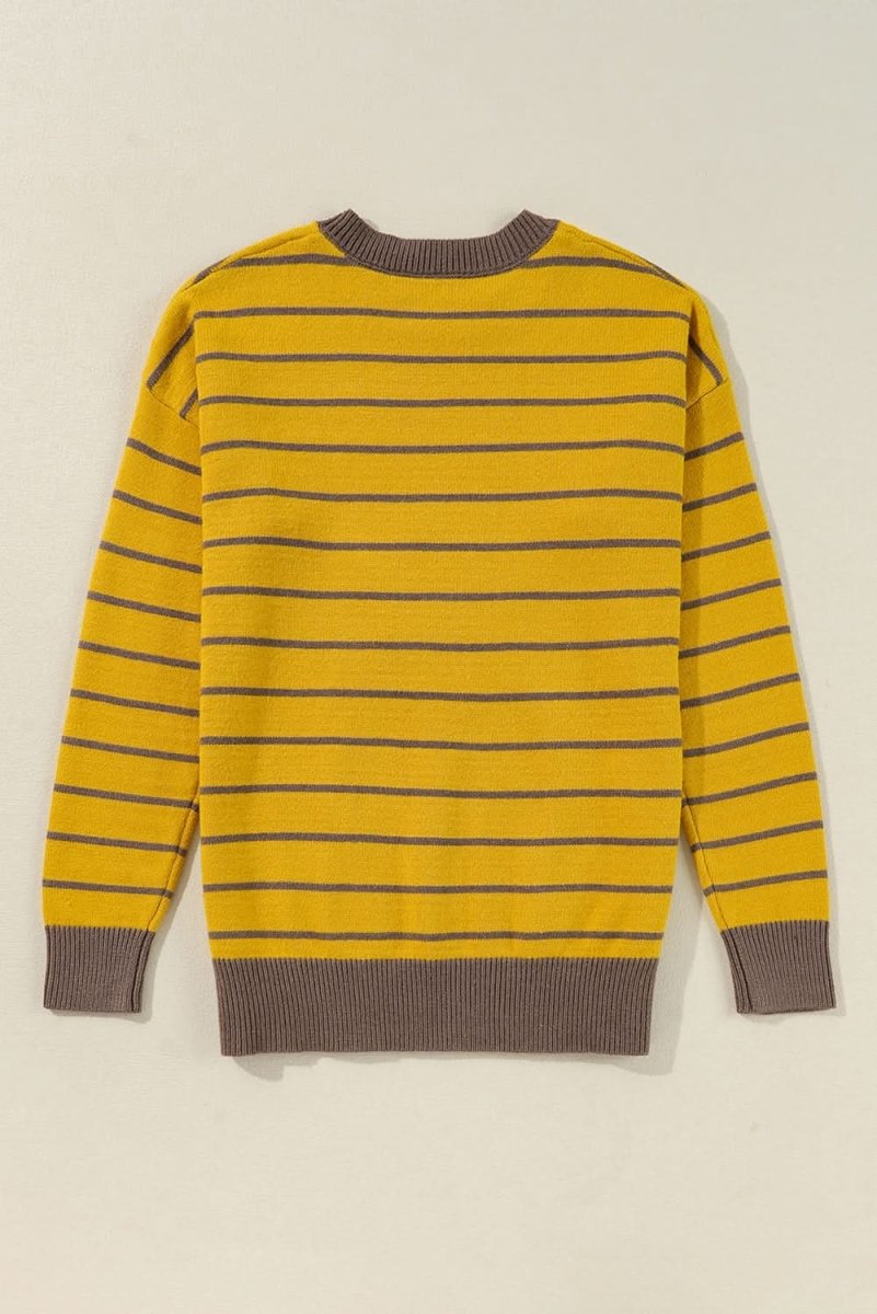 Yellow Stripe Daisy Floral Knitted Round Neck Sweater - Love Salve 