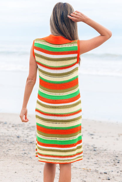 Yellow Stripe Eyelet Sleeveless Buttoned Split Neck Dress - Love Salve 