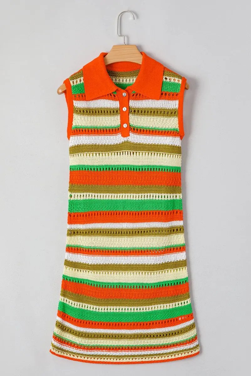 Yellow Stripe Eyelet Sleeveless Buttoned Split Neck Dress - Love Salve 