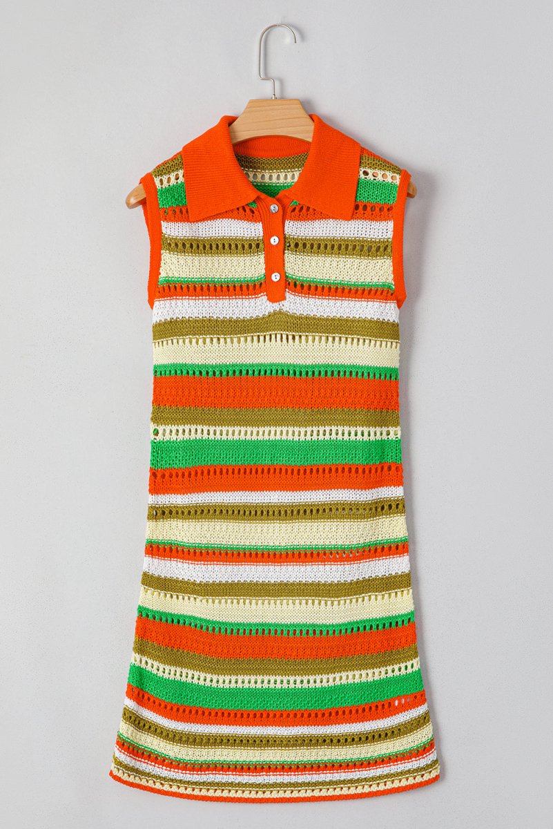 Yellow Stripe Eyelet Sleeveless Buttoned Split Neck Dress - Love Salve 
