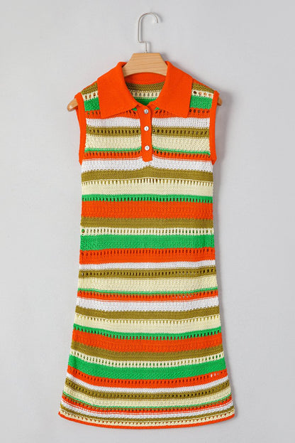 Yellow Stripe Eyelet Sleeveless Buttoned Split Neck Dress - Love Salve 