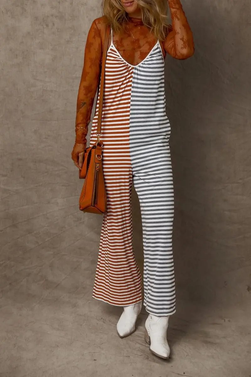 Yellow Striped Backless Spaghetti Strap Two-Tone Overall Dress - Love Salve 