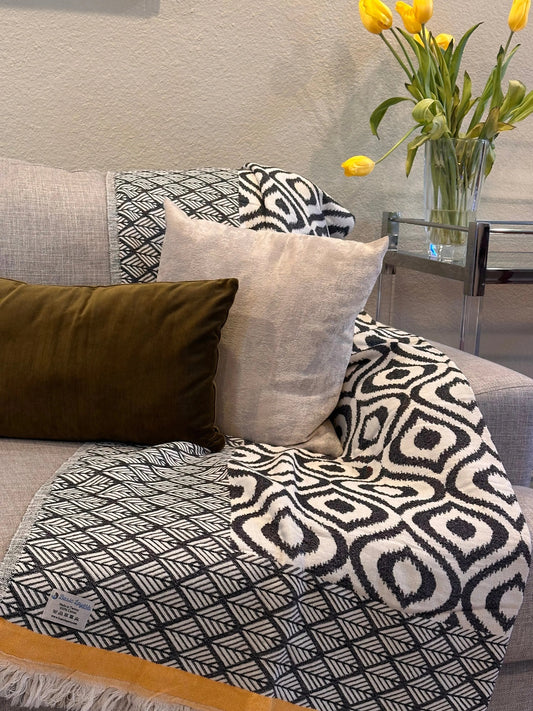 Ikat Yellow Turkish Throw Blanket 100 Percent Organic Cotton Double Sided 60x72 Inches - Love Salve 