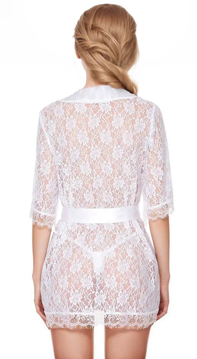 Lace Short Sleeve Lingerie Robe 3wishes.com