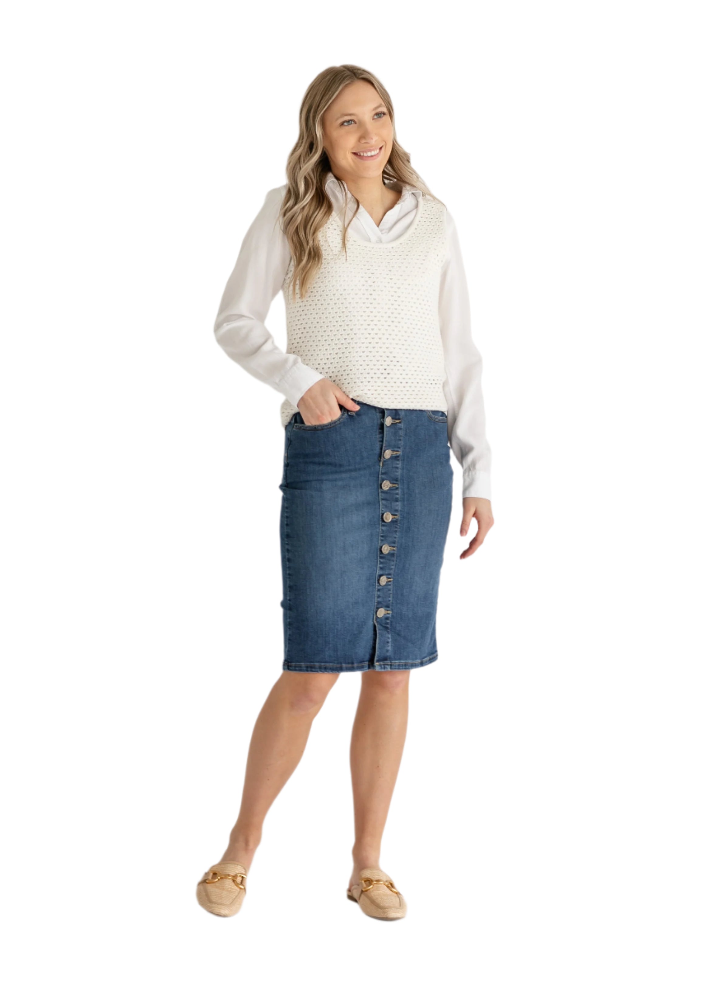 Zana Front Button Denim Midi Skirt Inherit Co.