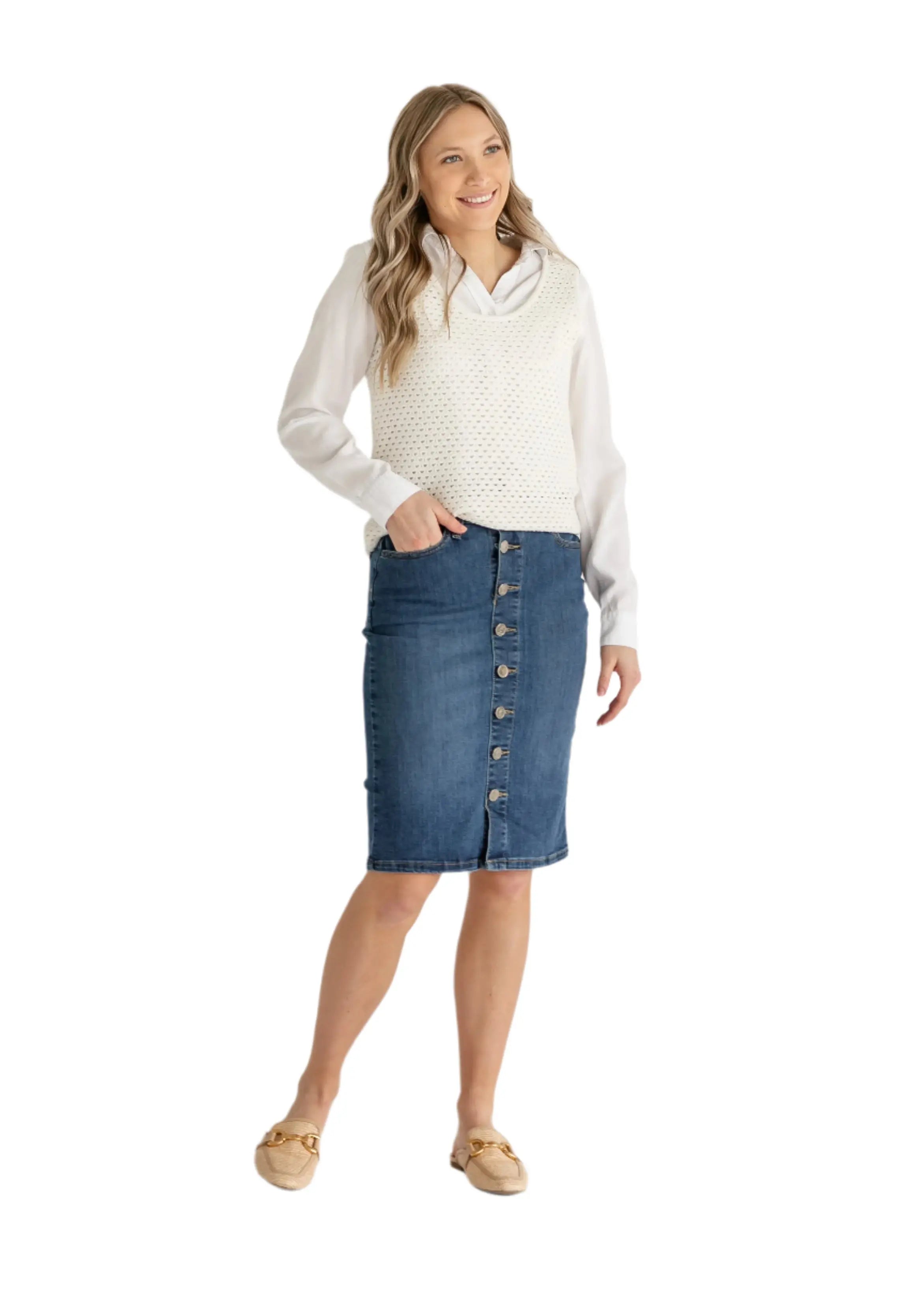 Zana Front Button Denim Midi Skirt Inherit Co.