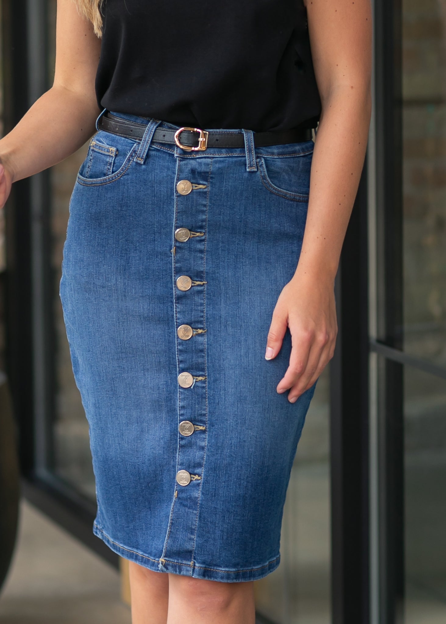 Zana Front Button Denim Midi Skirt Inherit Co.