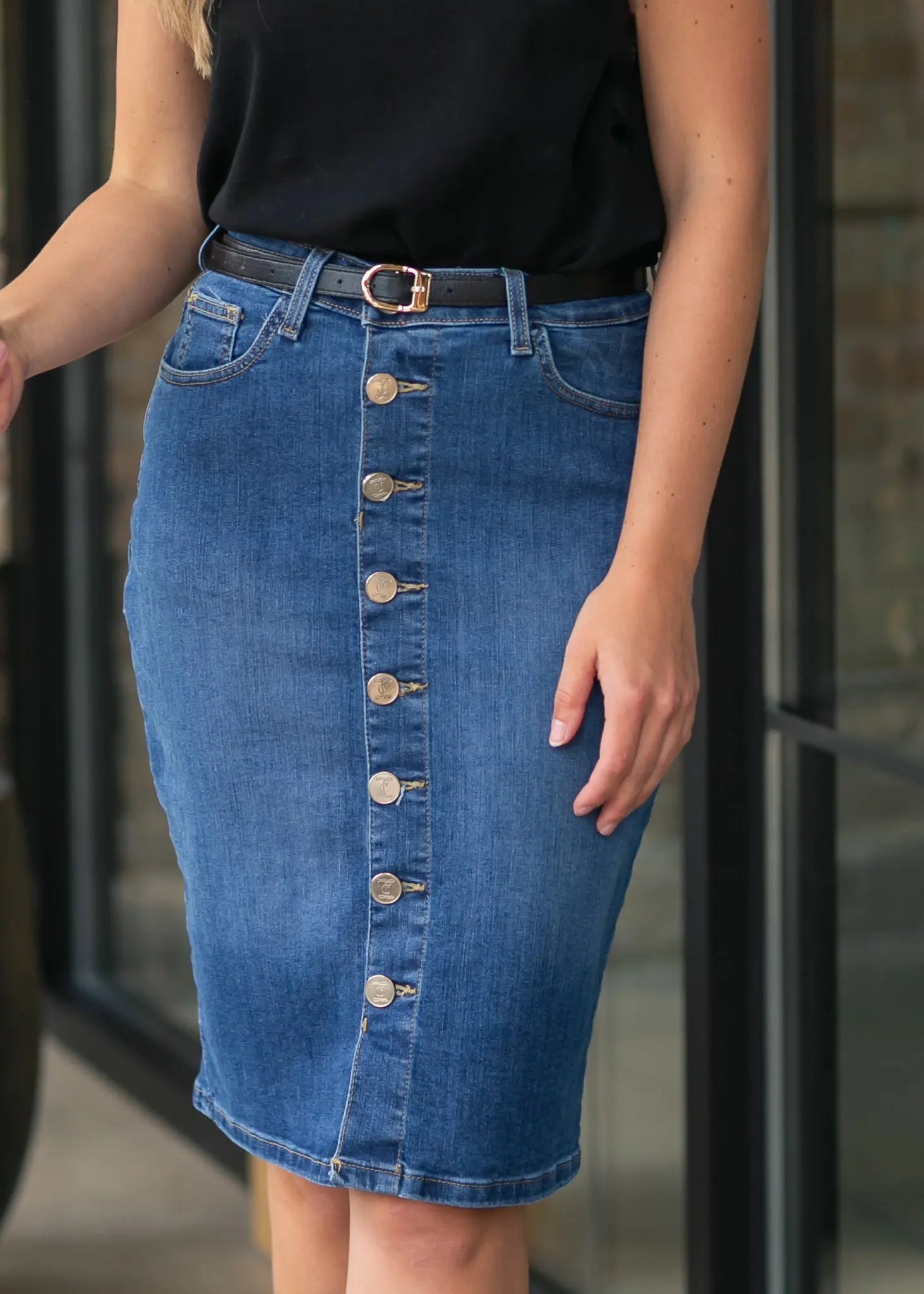 Zana Front Button Denim Midi Skirt Inherit Co.