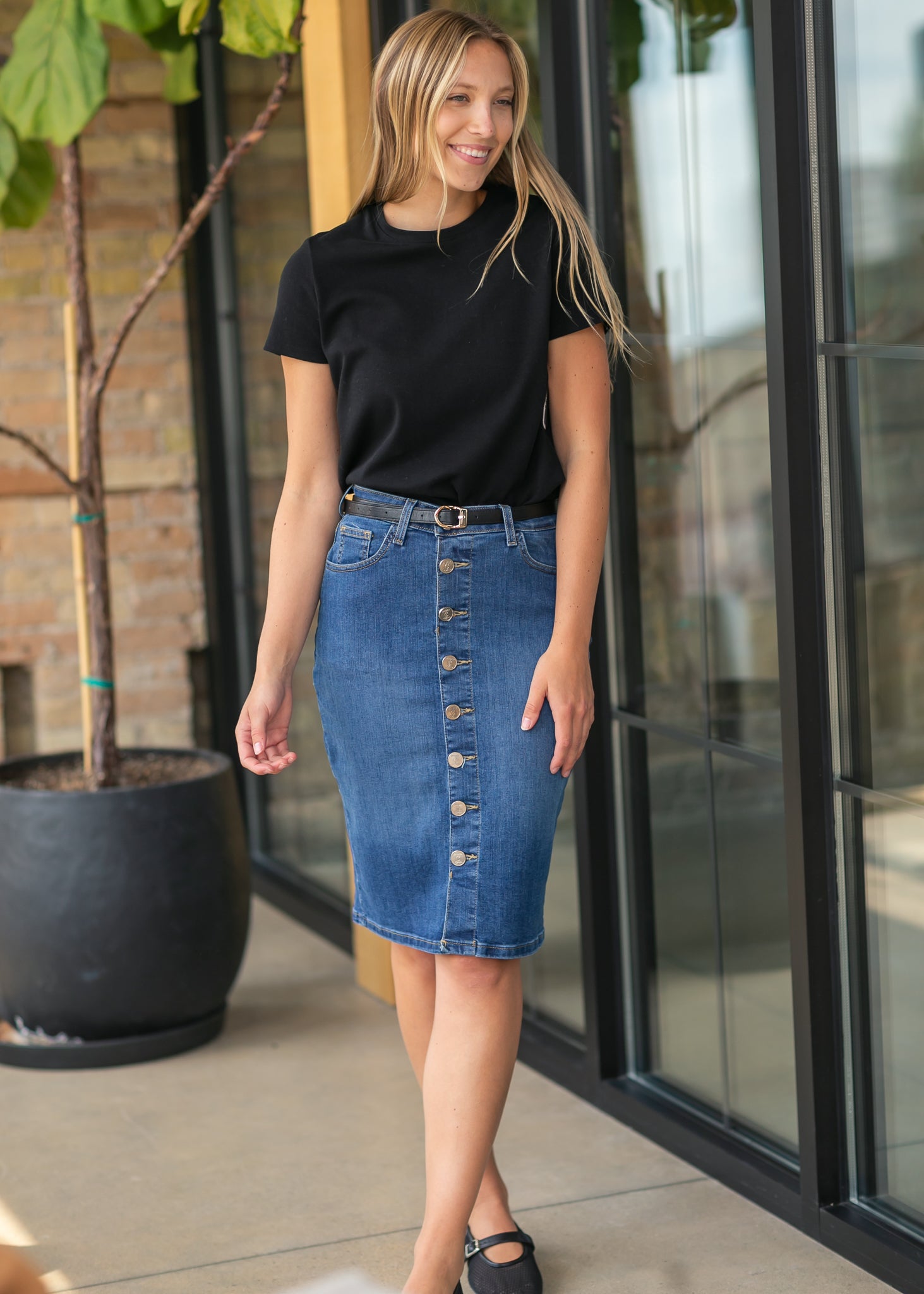 Zana Front Button Denim Midi Skirt Inherit Co.