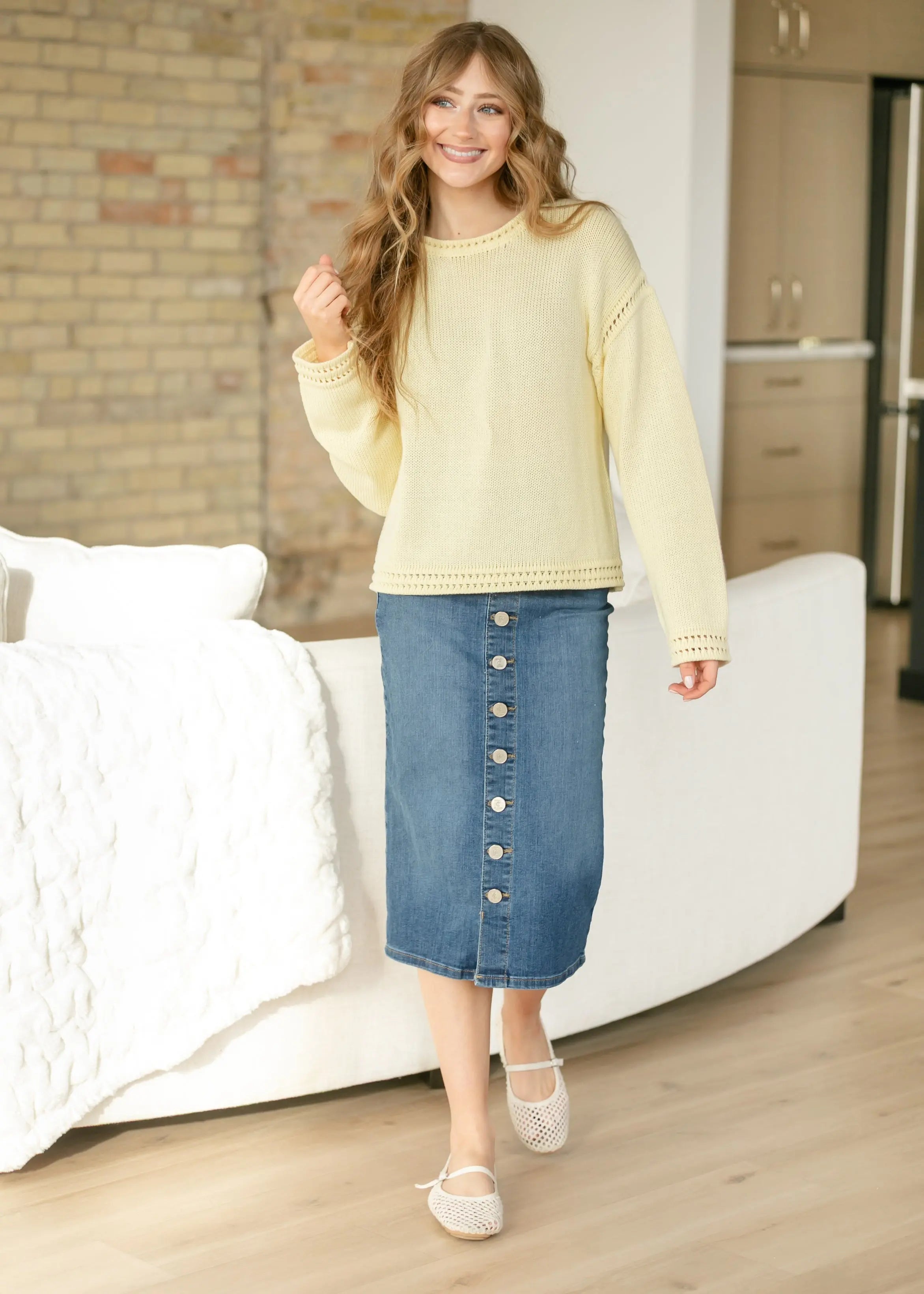 Zana Front Button Denim Midi Skirt Inherit Co.