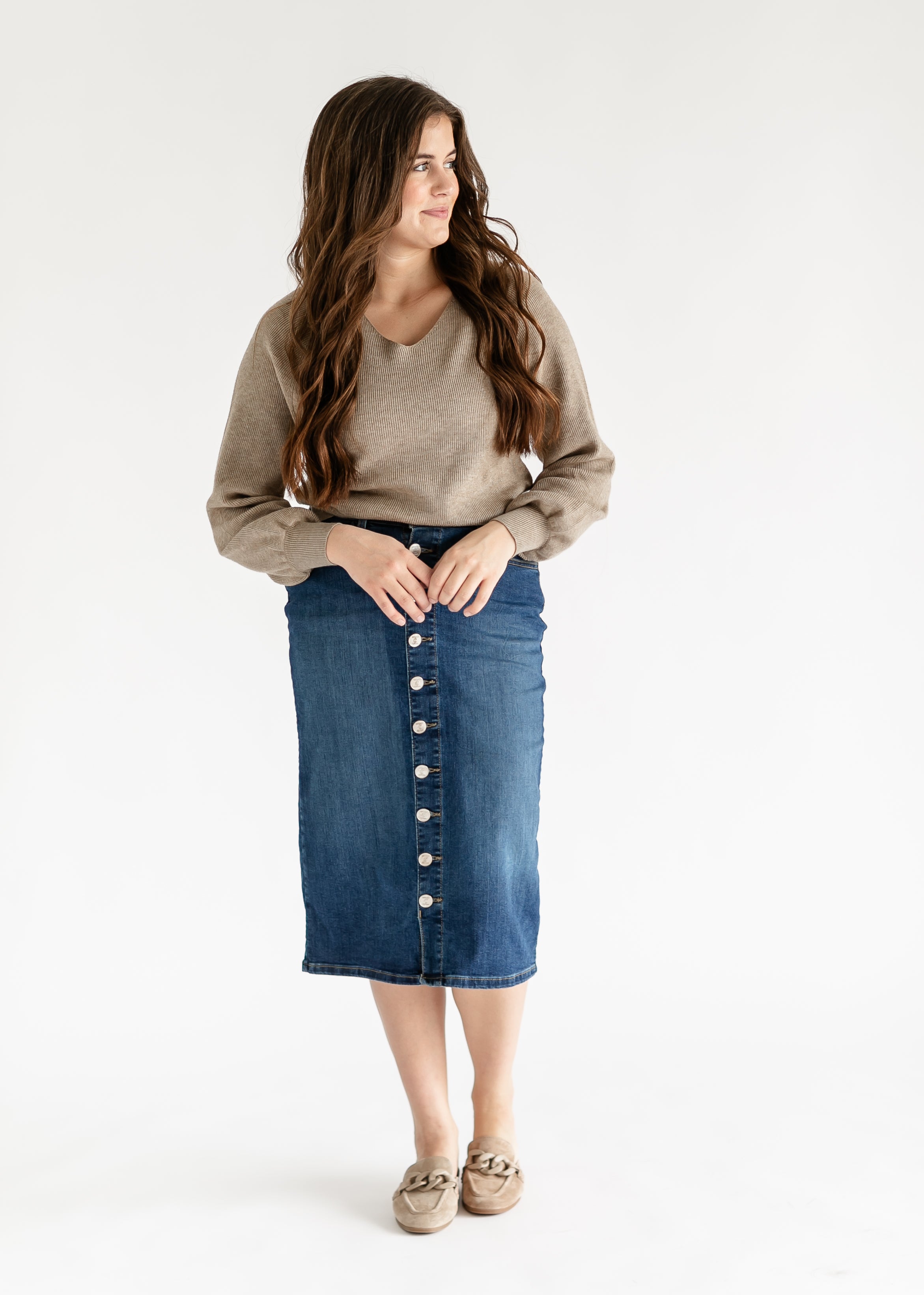 Zana Front Button Denim Midi Skirt Inherit Co.