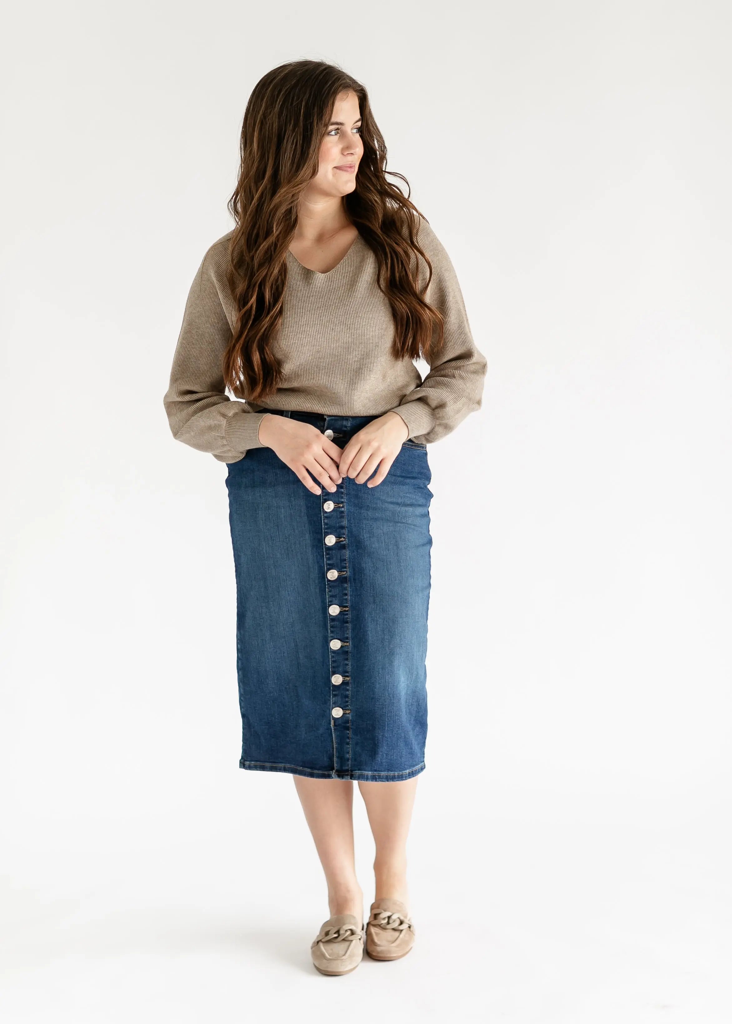 Zana Front Button Denim Midi Skirt Inherit Co.