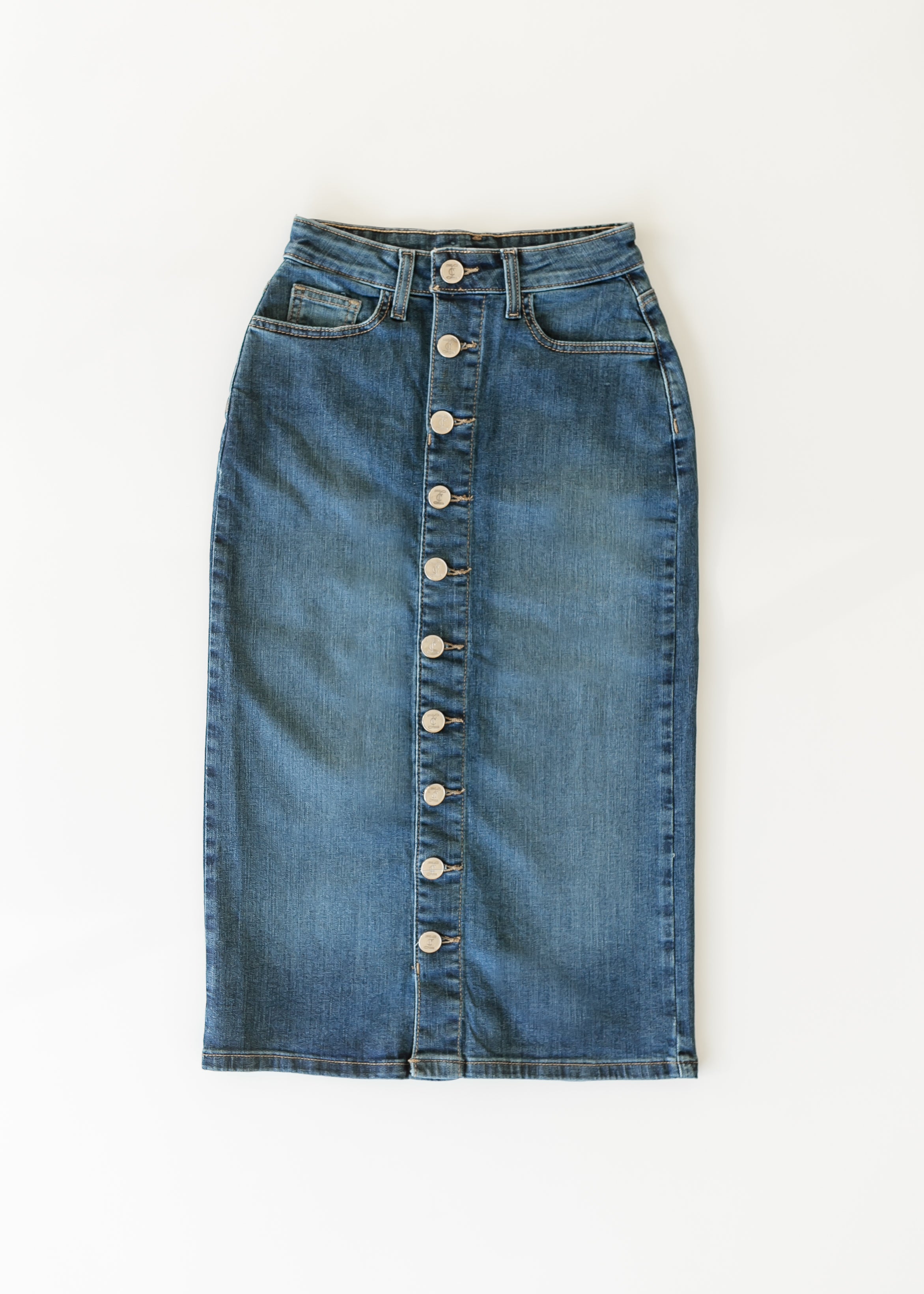 Zana Front Button Denim Midi Skirt Inherit Co.
