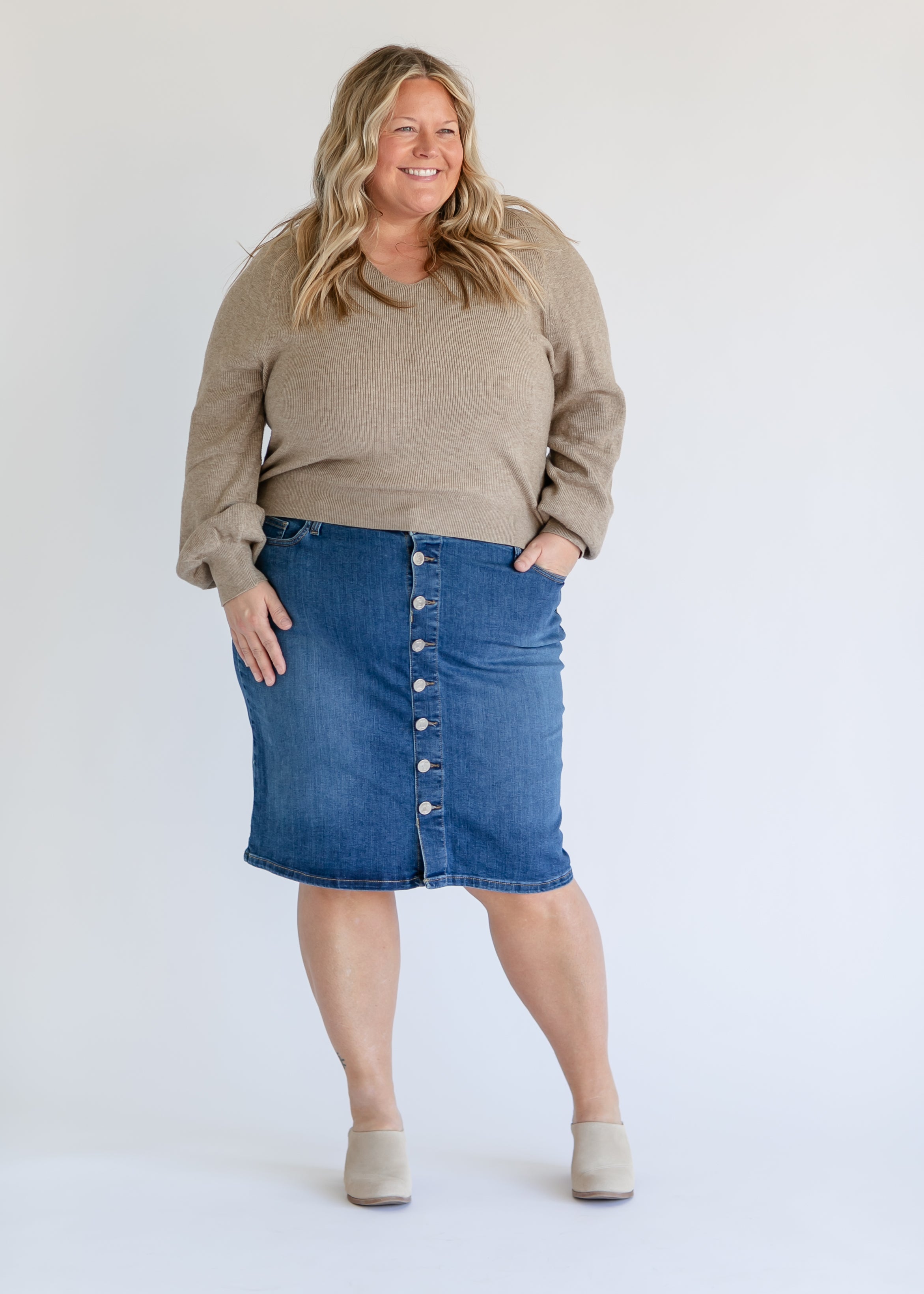 Zana Front Button Denim Midi Skirt Inherit Co.