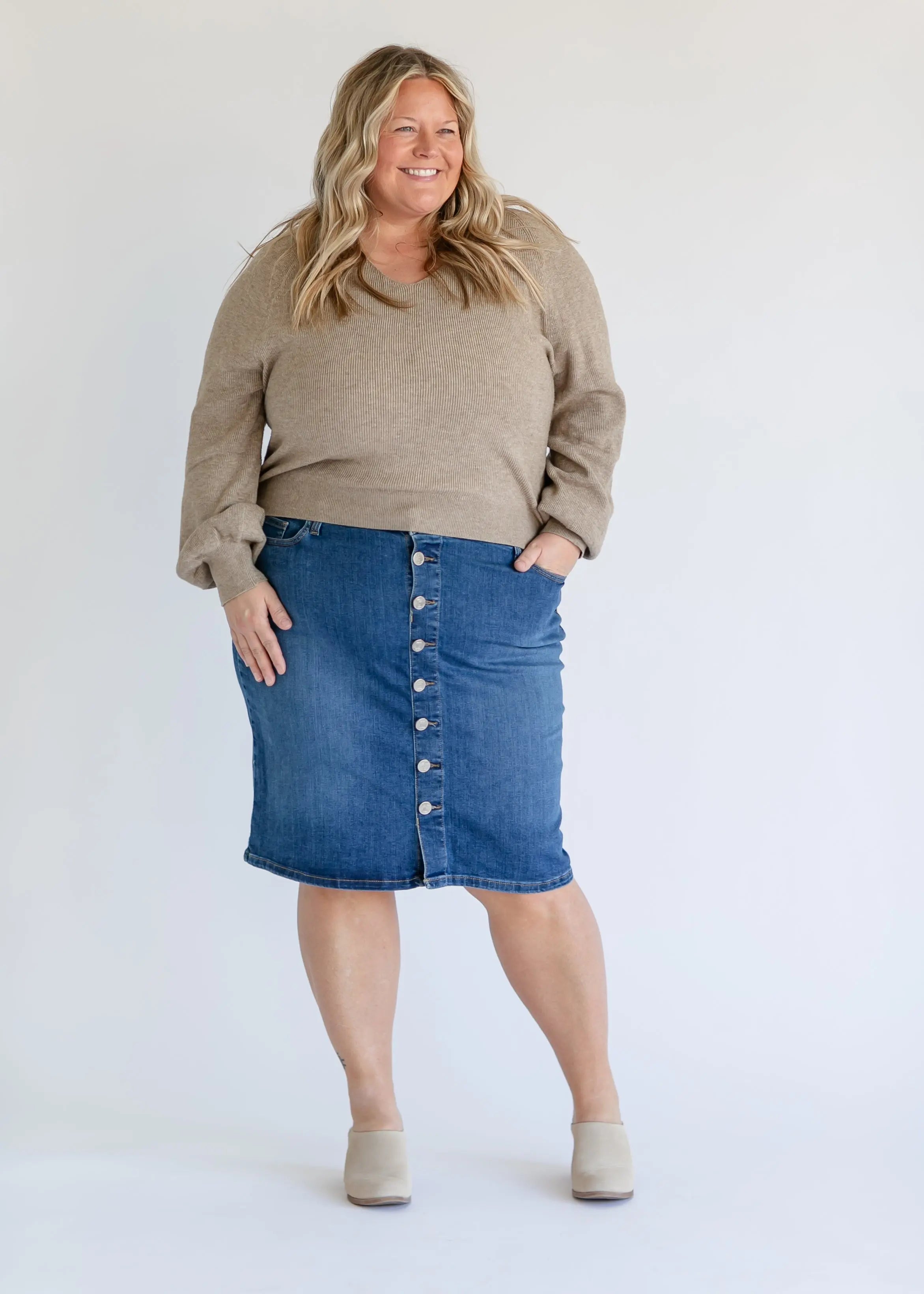 Zana Front Button Denim Midi Skirt Inherit Co.