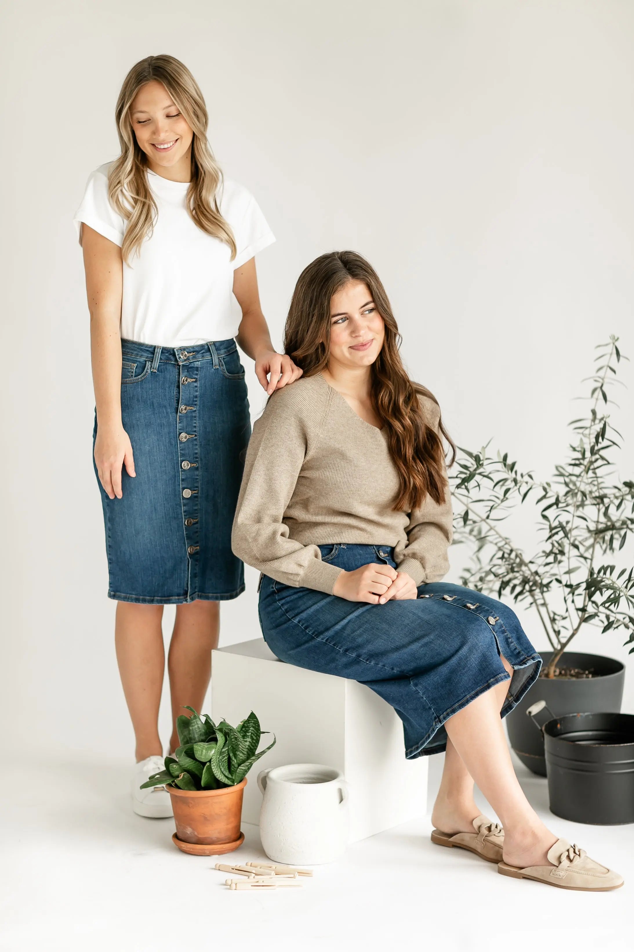 Zana Front Button Denim Midi Skirt Inherit Co.