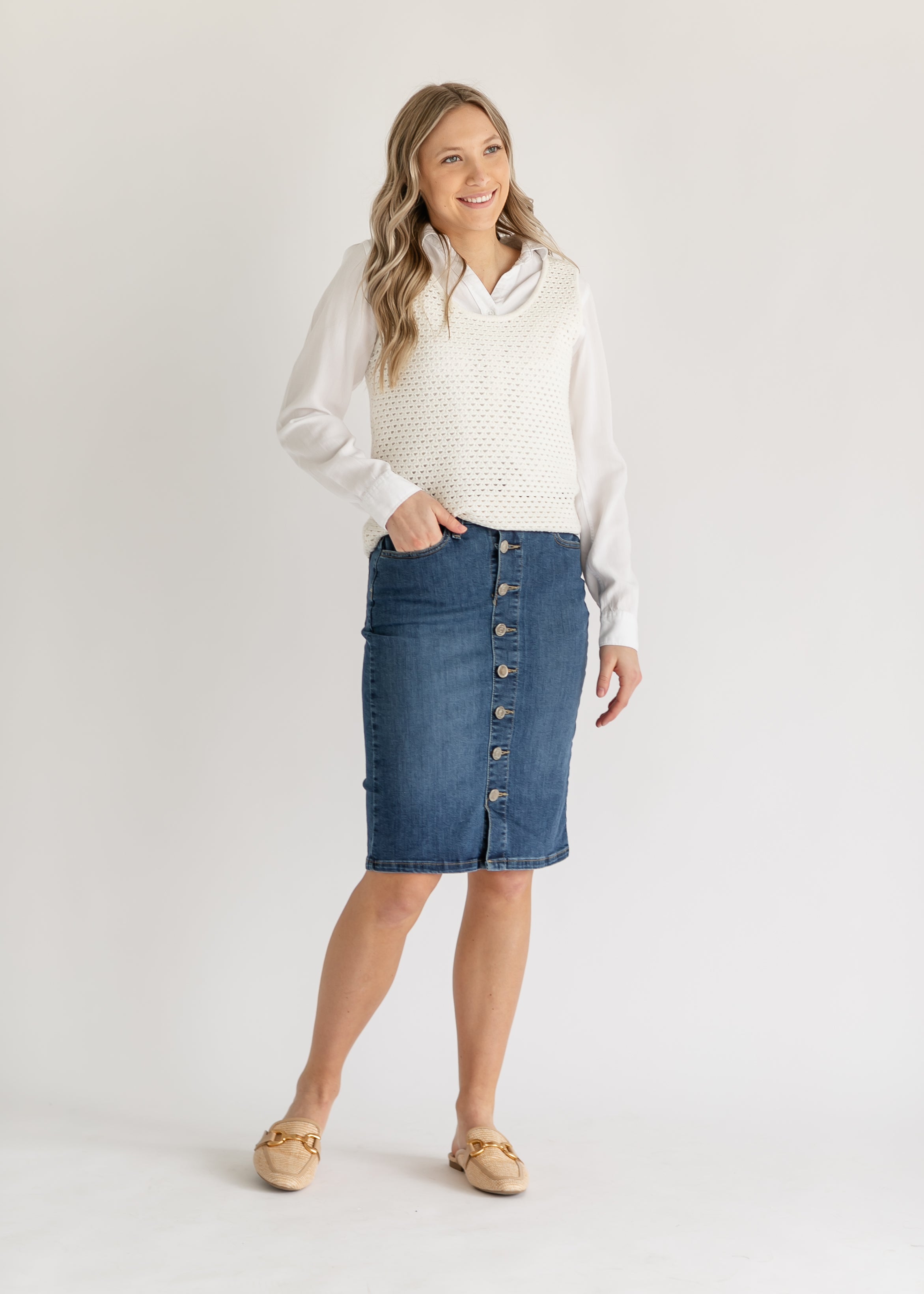Zana Front Button Denim Midi Skirt Inherit Co.