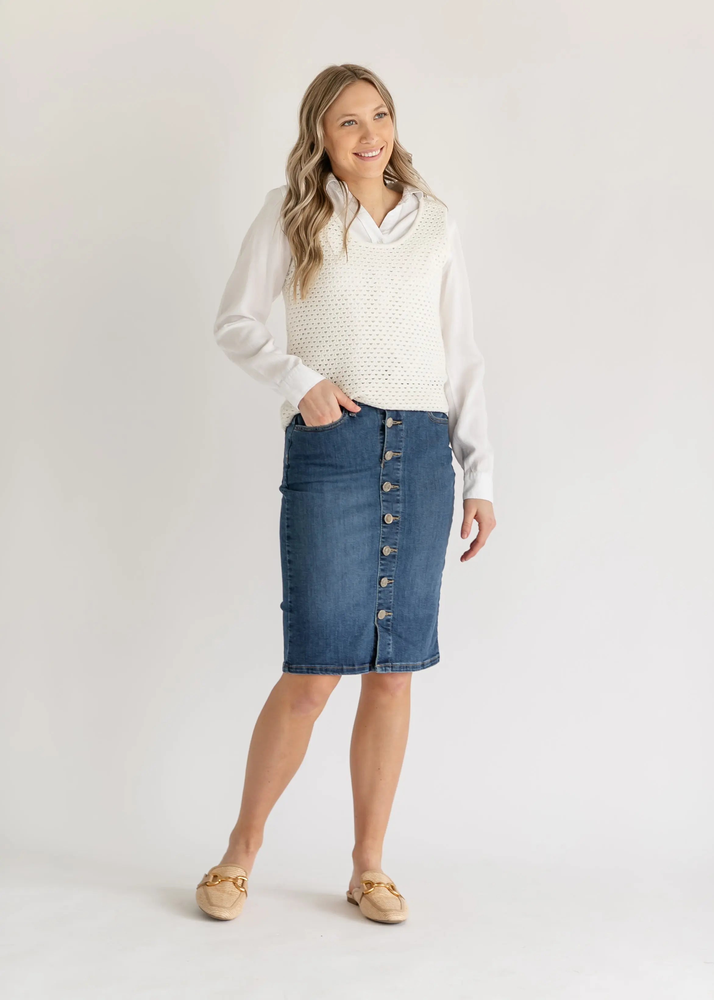 Zana Front Button Denim Midi Skirt Inherit Co.