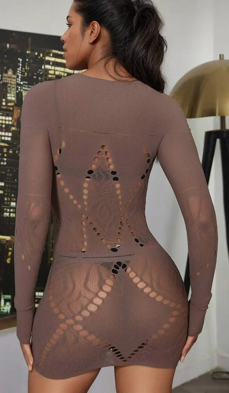 3wishes.com Mature > Erotic Clothing - 3wishes Brown Geo Net Chemise - Sexy, Comfortable Lingerie - Premium Quality 3wishes.com