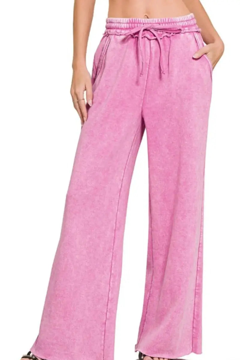 Zenana Acid Wash Fleece Palazzo Sweatpants with Pockets - Love Salve 