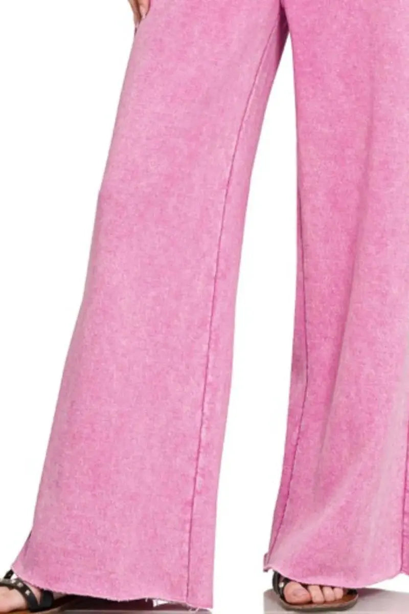 Zenana Acid Wash Fleece Palazzo Sweatpants with Pockets - Love Salve 