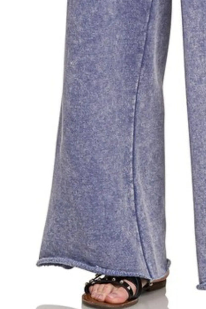 Zenana Acid Wash Fleece Palazzo Sweatpants with Pockets - Love Salve 