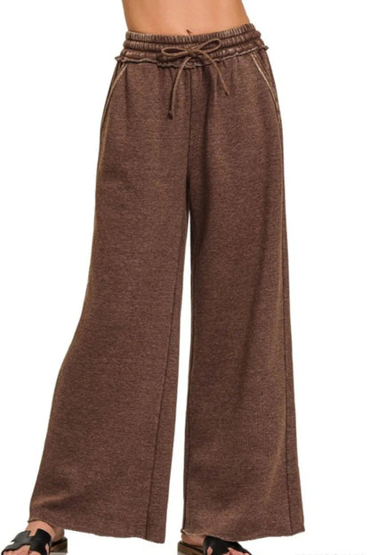 Zenana Acid Wash Fleece Palazzo Sweatpants with Pockets - Love Salve 