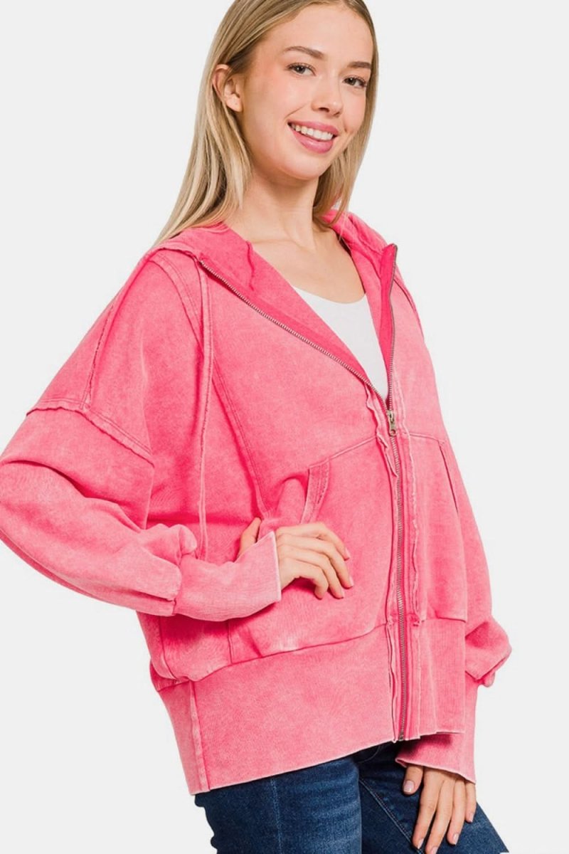 Zenana Acid Washed French Terry Zip-Up Hoodie with Pockets - Love Salve 