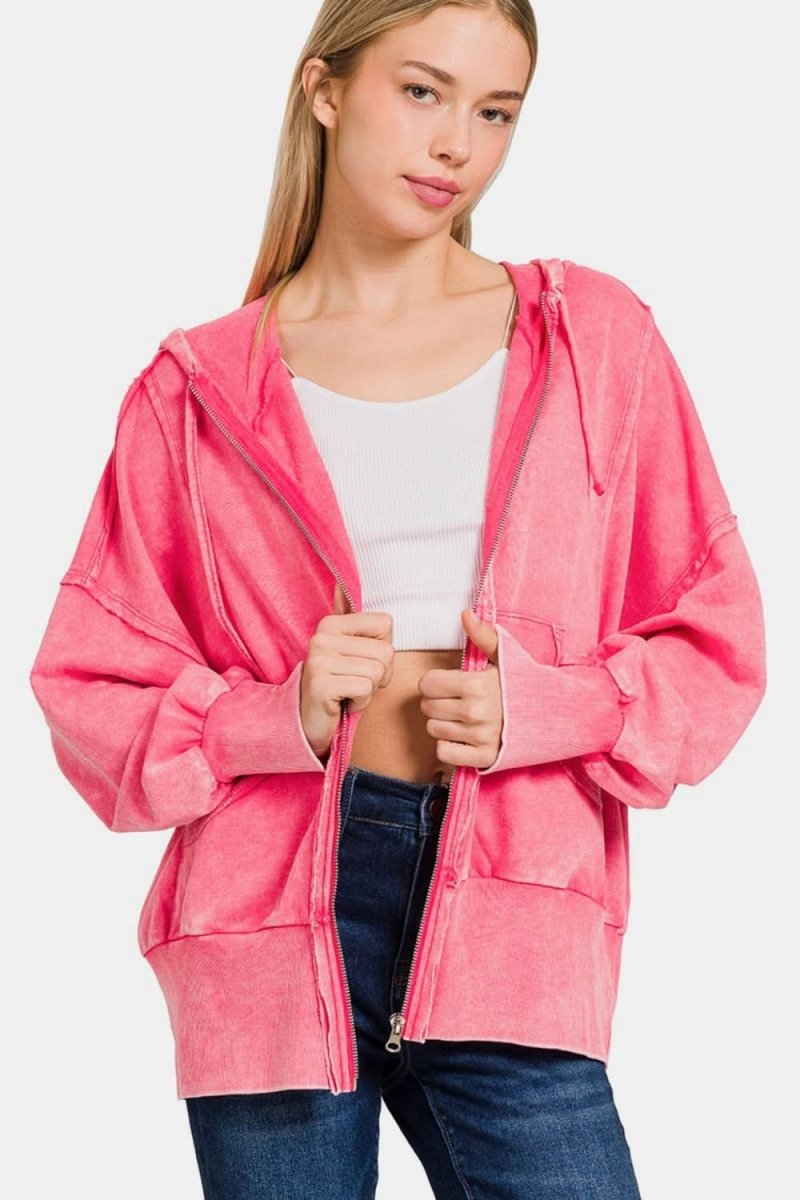 Zenana Acid Washed French Terry Zip - Up Hoodie with Pockets - Love Salve