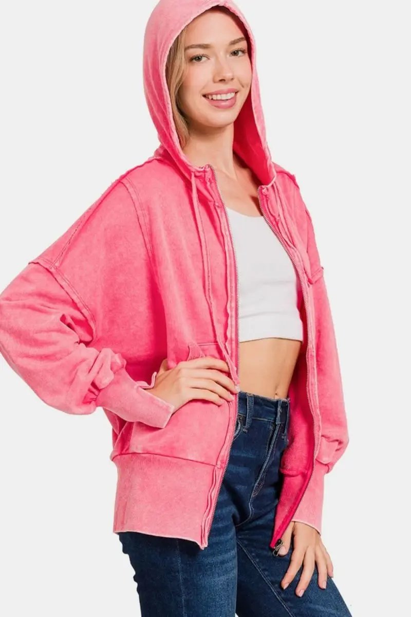 Zenana Acid Washed French Terry Zip-Up Hoodie with Pockets - Love Salve 