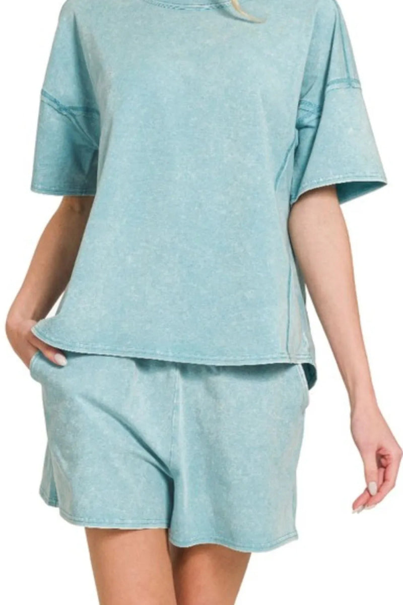 Zenana Acid Washed Short Sleeve Tee & Shorts Set - Love Salve