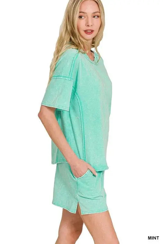 Zenana Acid Washed Short Sleeve Tee & Shorts Set - Love Salve