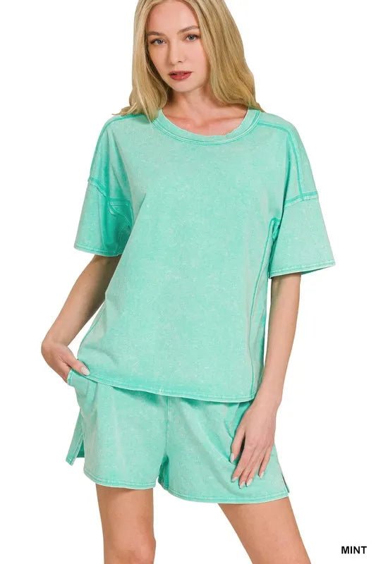 Zenana Acid Washed Short Sleeve Tee & Shorts Set - Love Salve