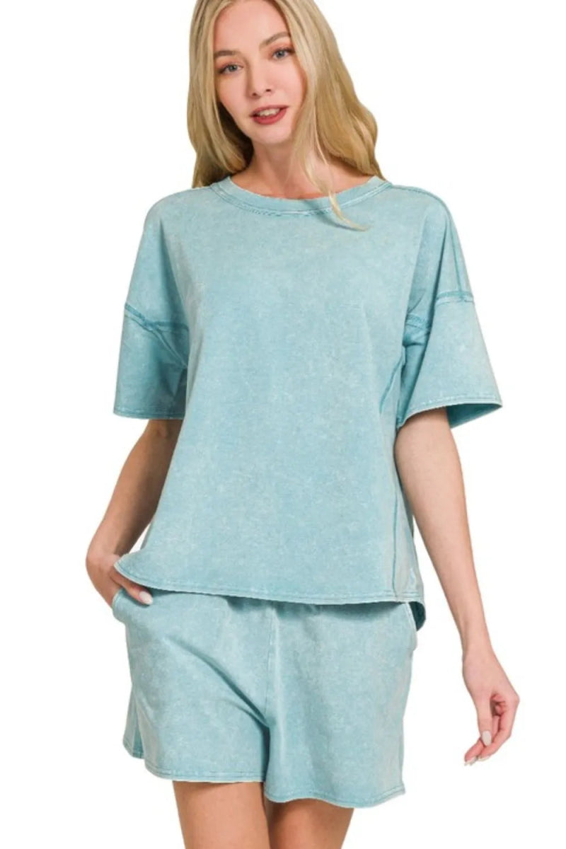 Zenana Acid Washed Short Sleeve Tee & Shorts Set - Love Salve