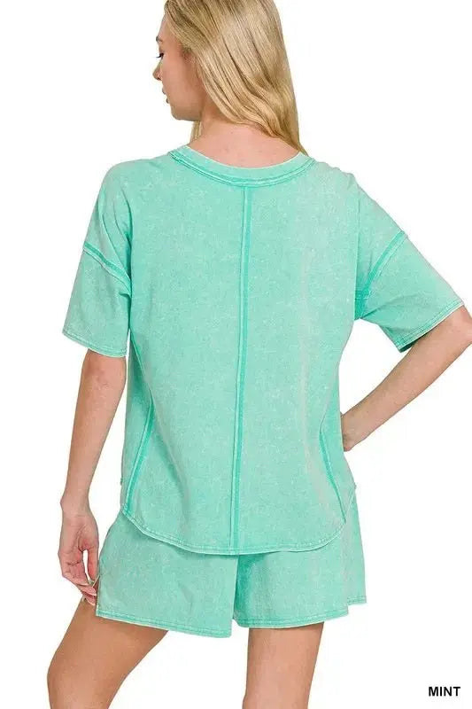 Zenana Acid Washed Short Sleeve Tee & Shorts Set - Love Salve