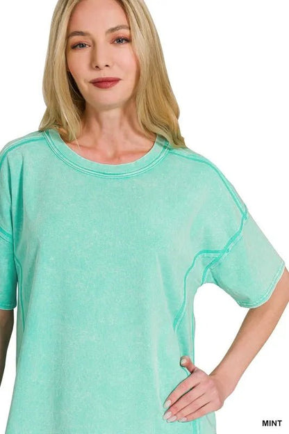 Zenana Acid Washed Short Sleeve Tee & Shorts Set - Love Salve