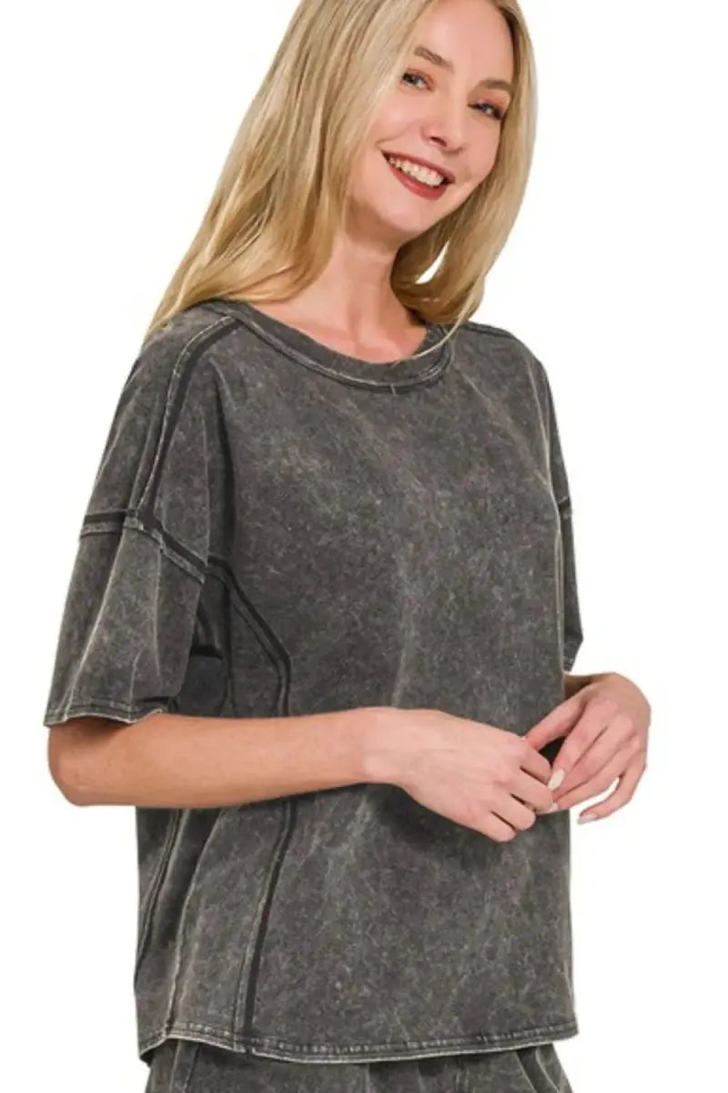 Zenana Acid Washed Short Sleeve Tee & Shorts Set - Love Salve