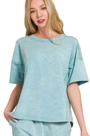 Zenana Acid Washed Short Sleeve Tee & Shorts Set - Love Salve