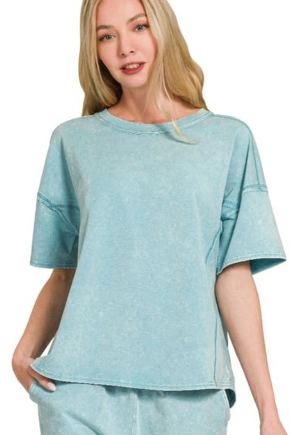 Zenana Acid Washed Short Sleeve Tee & Shorts Set - Love Salve
