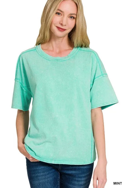 Zenana Acid Washed Short Sleeve Tee & Shorts Set - Love Salve