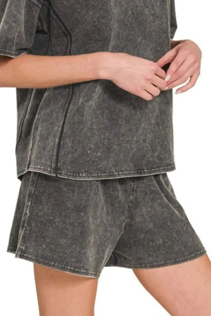 Zenana Acid Washed Short Sleeve Tee & Shorts Set - Love Salve