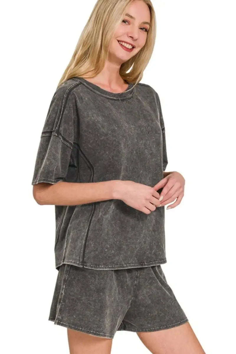 Zenana Acid Washed Short Sleeve Tee & Shorts Set - Love Salve