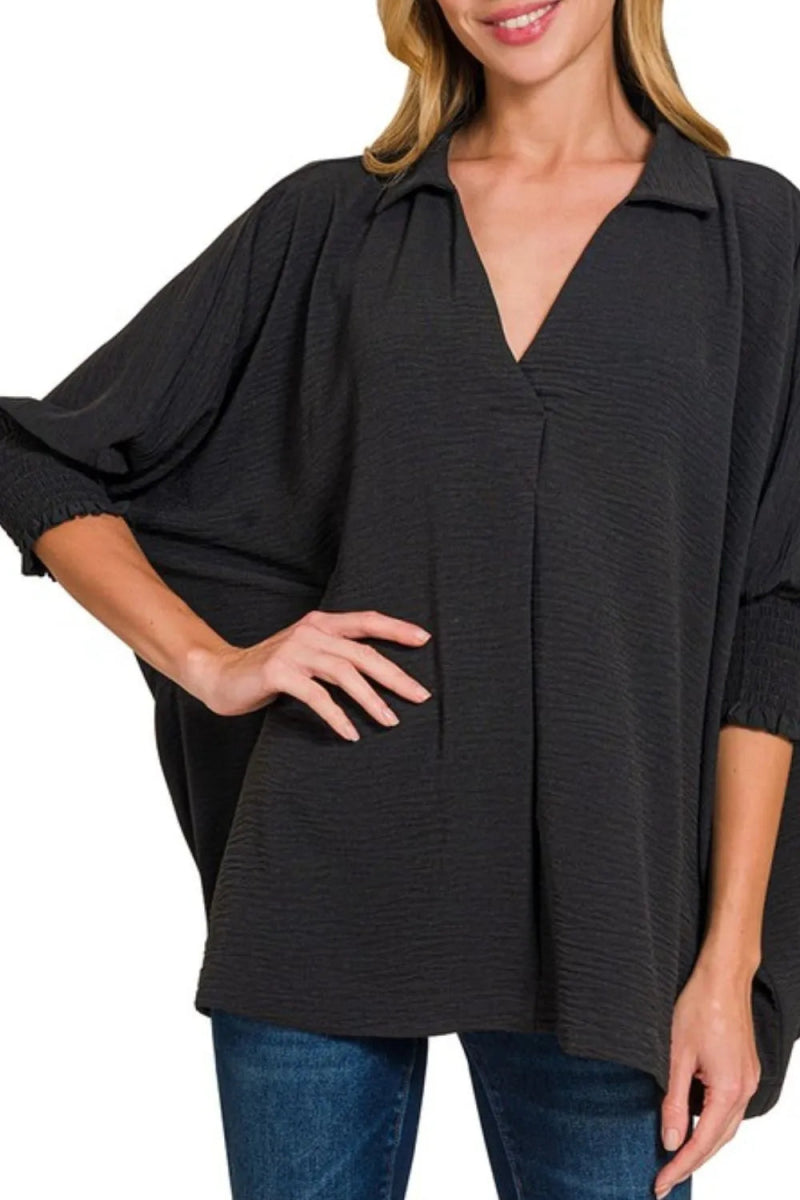 Zenana Airflow Collar Tee with Smocked Sleeve Band Top - Love Salve 