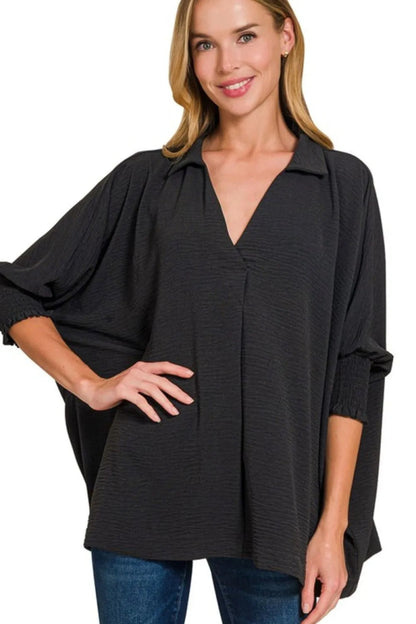 Zenana Airflow Collar Tee with Smocked Sleeve Band Top - Love Salve 