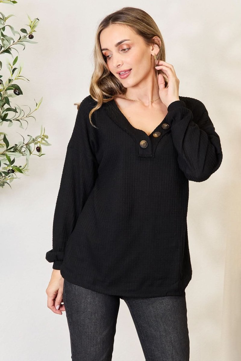 Zenana Buttoned Long Sleeve Blouse - Love Salve 