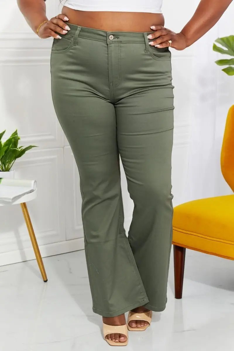 Zenana Clementine Full Size High-Rise Bootcut Jeans in Olive - Love Salve 