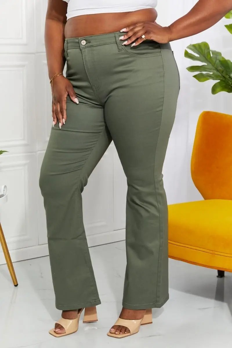 Zenana Clementine Full Size High-Rise Bootcut Jeans in Olive - Love Salve 