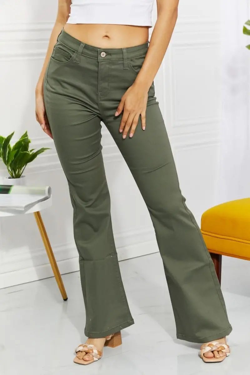Zenana Clementine Full Size High-Rise Bootcut Jeans in Olive - Love Salve 