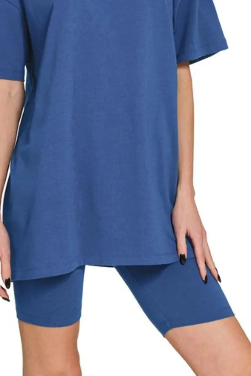 Zenana Cotton Round Neck Top & Biker Shorts - Love Salve