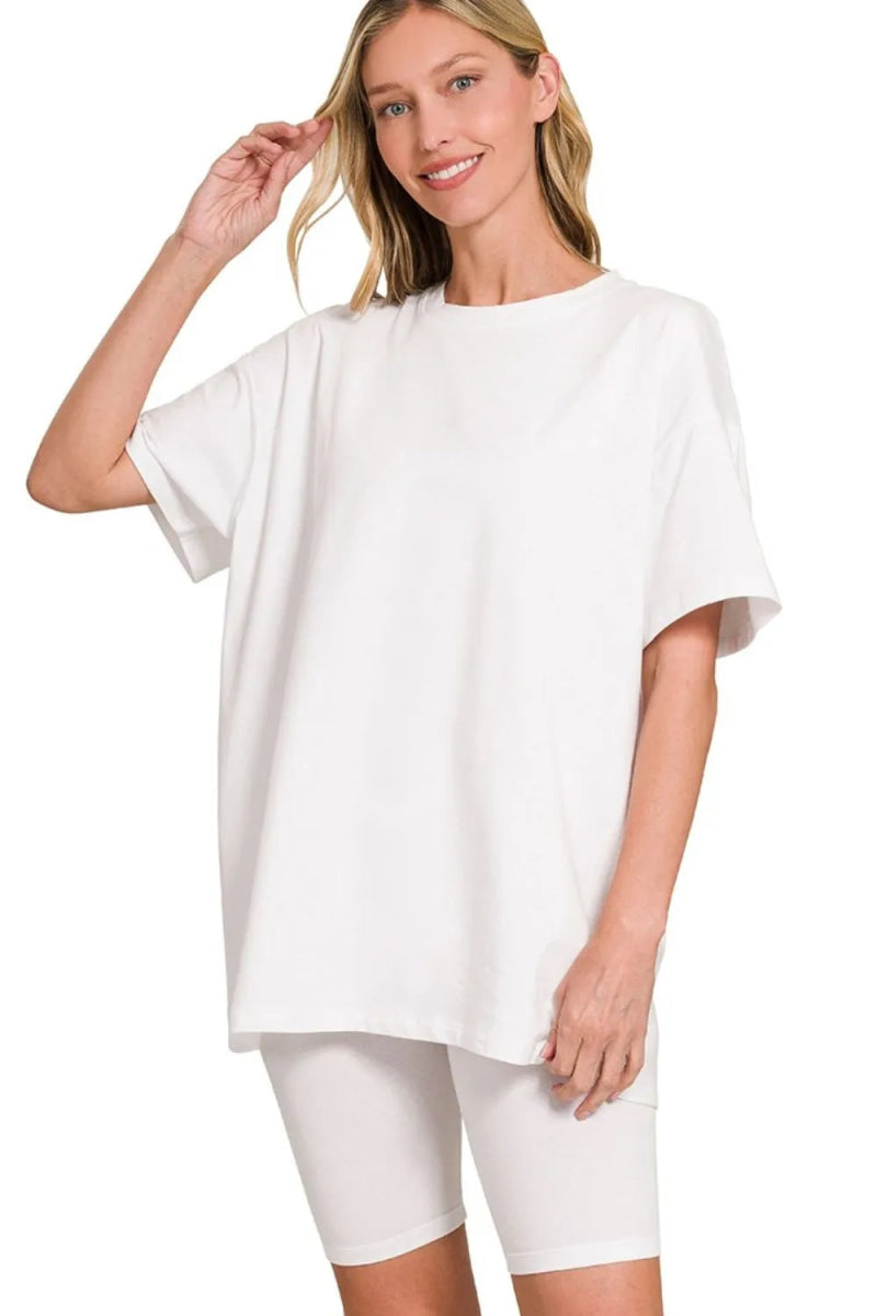 Zenana Cotton Round Neck Top & Biker Shorts - Love Salve